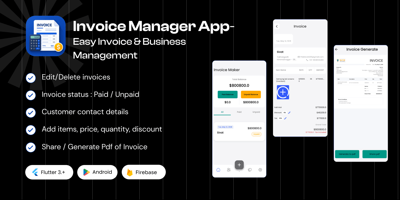 InvoicePro – Invoice Generator & Billing Assistant – Flutter App source code
